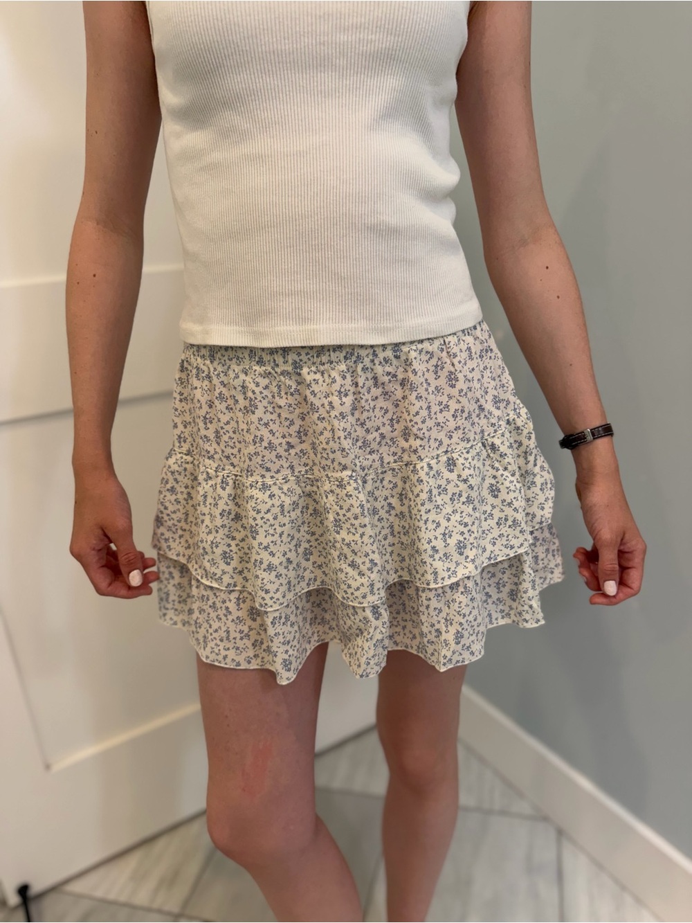 Floral Tiered Ruffle Mini Skirt Cream with Blue Floral